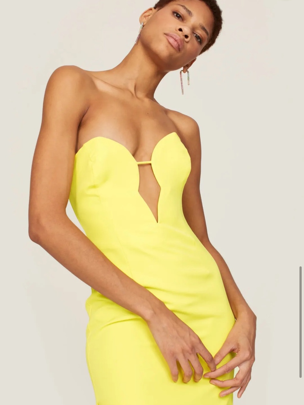 Bardot Revolve Eleni Strapless Yellow Midi Dress with Front Cutout Wedding Guest - Picture 4 of 9